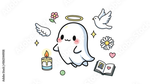 Cute ghost character surrounded by dove, candle, flowers and book in air