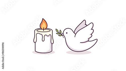 A white dove holds an olive branch near a lit candle peacefully.