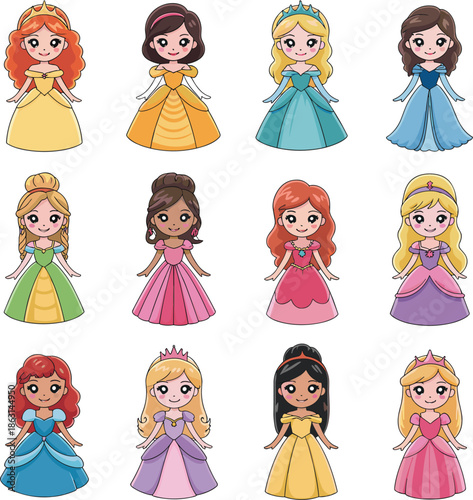 Cute cartoon princess characters set, adorable royal girls illustration, colorful dresses collection, fairytale clipart, children design, kawaii style graphics, pack