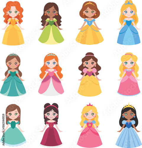 Cute cartoon princess characters set, adorable royal girls illustration, colorful dresses collection, fairytale clipart, children design, kawaii style graphics, pack