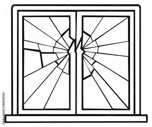 Broken window pane in outline style with cracks and fragments destruction, shattered glass accident damage, black and white illustration