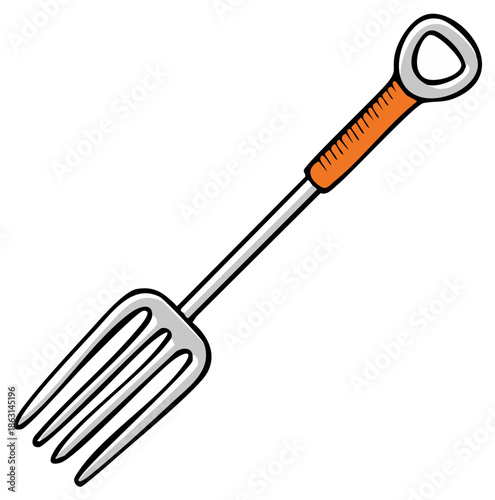 Cartoon illustration of a garden fork with an orange handle for soil and gardening