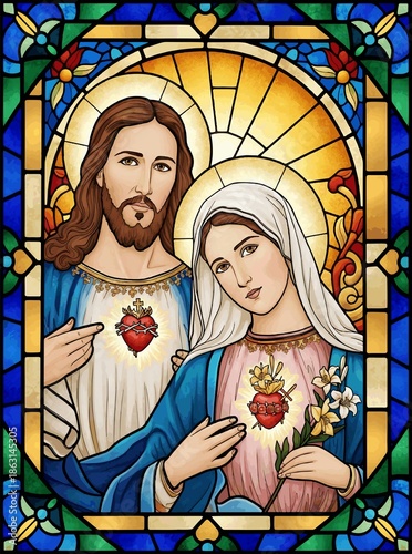 Canvas Print Sacred Heart of Jesus and Immaculate Heart of Mary Stained Glass Style Christian