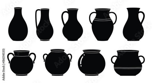 A collection of various black silhouette pottery and ceramic vessel shapes