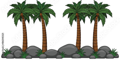 Tropical Palm Tree Landscape Vector Illustration with Rocks and Grass, Island Nature Scene Design for Summer, Beach, Jungle, and Travel Projects