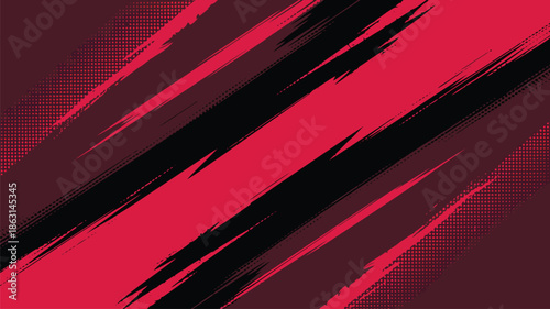 Energetic deep red and black textured lines streak diagonally across a gritty dark crimson surface
