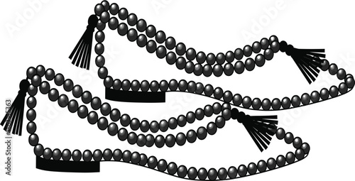 PrintVector illustration of decorative women's flat shoes composed of grey pearls or beads with black tassels isolated on a white background.