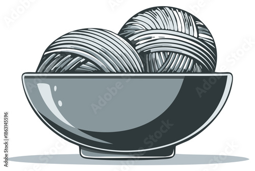 Two grayscale balls of yarn resting in a bowl vector illustration