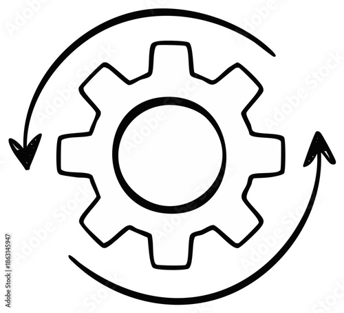 Illustration of a rotating gear with arrows, representing teamwork and engineering processes.