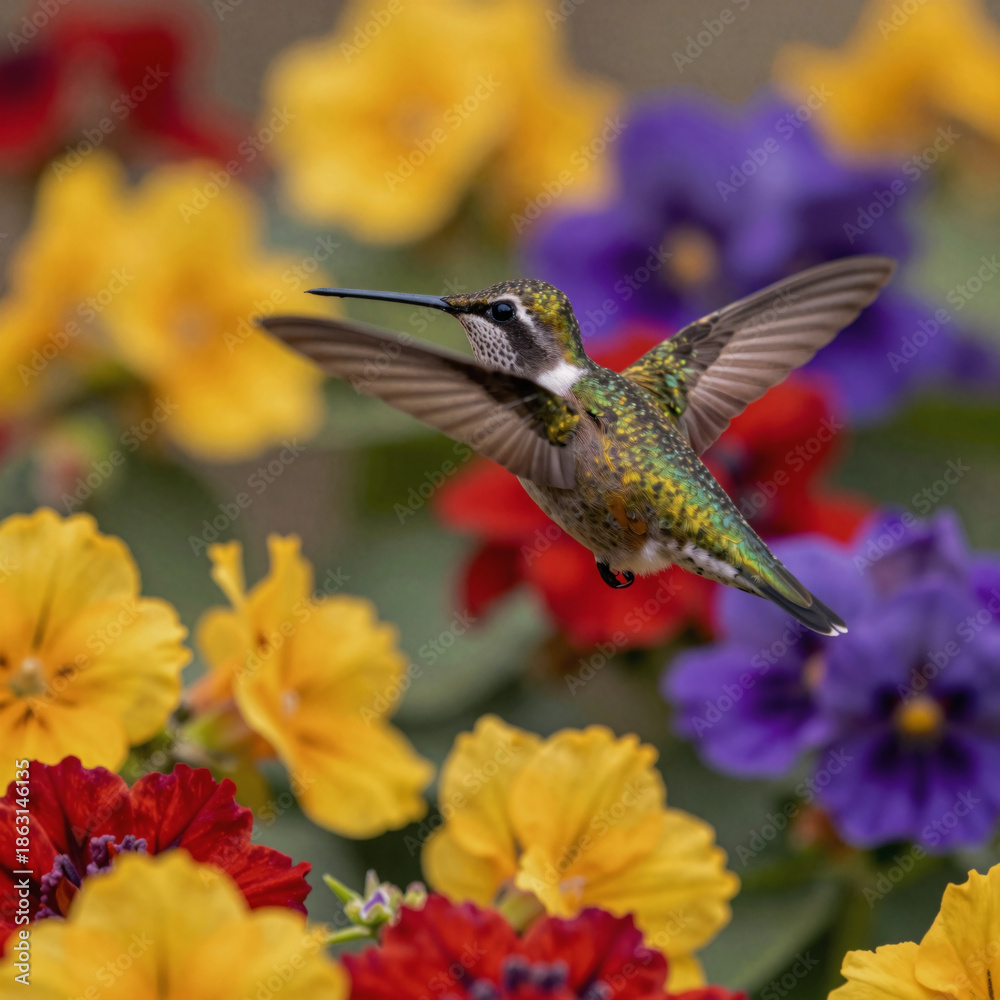 Fototapeta premium Stunning floral art featuring a hummingbird flying amidst spring blossoms and summer greenery