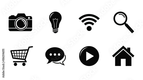 Four black gear icons arranged in a row a mechanical silhouette