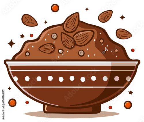 Stylized vector illustration of a sweet almond pudding in a patterned ceramic bowl