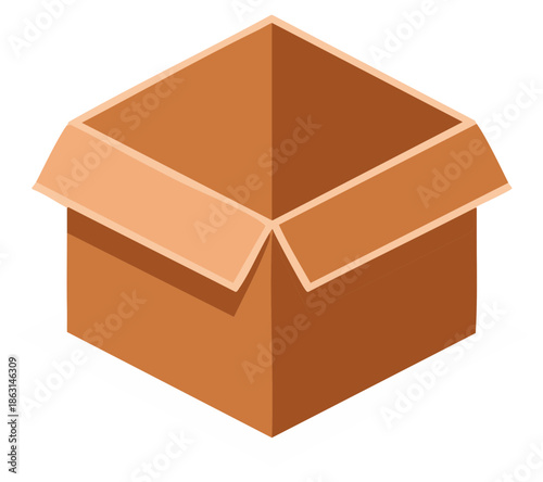 Open empty brown cardboard box simple flat design isometric illustration
