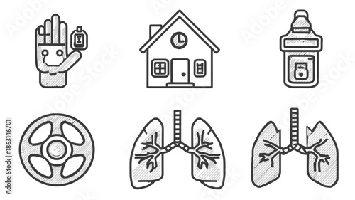 Monochrome sketchy line art icons set with robotics, smart home, health, medicine, and automotive concepts