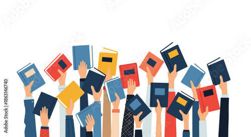 Inspirational illustration showing many diverse hands reaching upwards and holding a variety of colorful books against a white background.
