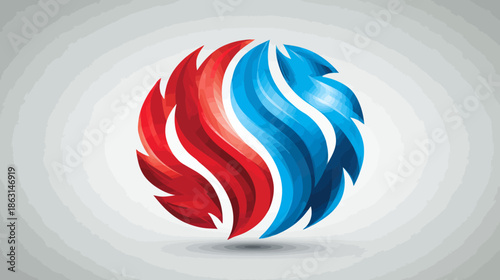 Dynamic abstract red and blue sphere graphic with intertwining flame or wing shapes, modern conceptual design element.