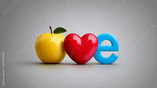 Healthy living concept with vibrant yellow apple, glossy red heart, and blue letter 'e' symbolizing health, love, and digital connection on a clean background.