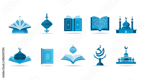 Islamic Culture Icons Set: Blue Vector Illustrations of Mosques, Holy Books, Lanterns, and Crescent Symbols for Spirituality