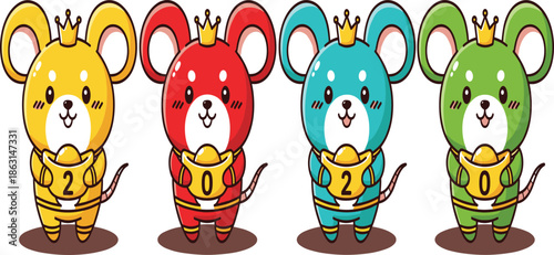 Vector set of cute cartoon mice characters in yellow red blue and green colors holding gold ingots for Chinese New Year 2020.
