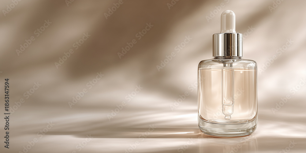 Naklejka premium Skincare serum dropper bottle displaying cosmetic product on a clean neutral background with soft, airy, natural light and shadow play copy space banner
