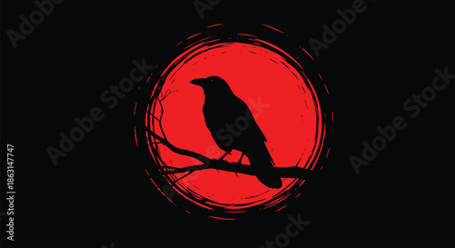 Dark silhouette of a raven perched on a branch against a bright red moon for gothic and mysterious nature design.