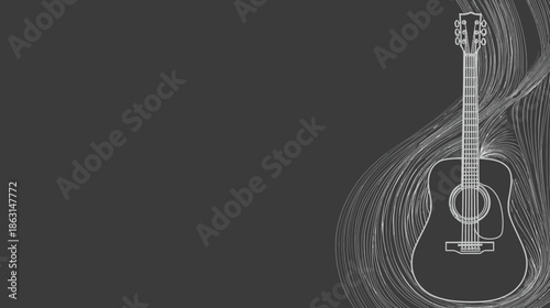 Monochromatic Acoustic Guitar Illustration with Abstract Sound Wave Lines on a Dark Gray Background, Music Concept Art