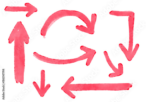 Red watercolor arrows PNG transparent. Hand-drawn doodle style. Set of red watercolor arrows for design, web, presentations, info graphics, creative projects.