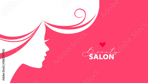 Female silhouette with flowing hair banner. Beauty salon, branding, packaging, social post, spa wellness, fashion boutique, perfume, wedding, makeup, magazine concept. Vector illustration.