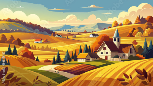 Very beautiful rural scenery of Denmark on a sunny autumn day, featuring golden fields, gentle hills, and clear skies that reflect the calm and natural beauty of the countryside.