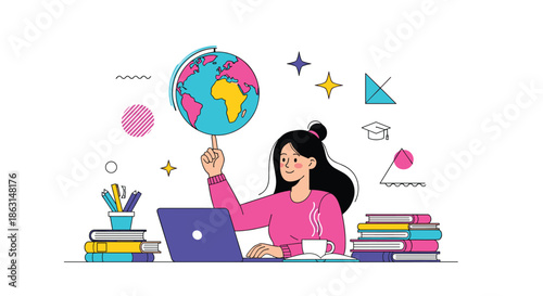 Student girl spins globe on her finger while sitting at desk with books and laptop for global learning concept.