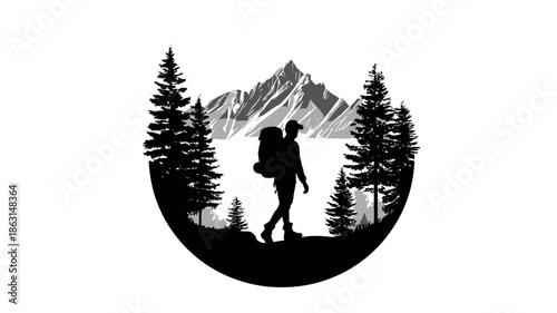 Hiker silhouette with backpack in mountain forest landscape. Outdoor adventure, trekking, and exploration vector illustration.