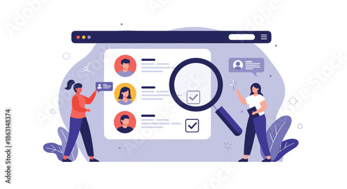 Human resources professionals looking for candidates through a magnifying glass on a digital interface representing the hiring process.