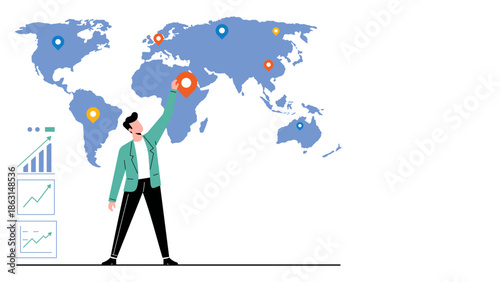 Global Business Expansion Concept with CEO Placing Branch Pins on World Map Flat Design Illustration