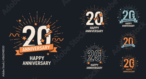 Happy 20th anniversary logos with festive bursts and stars on a dark background for celebration and party events.