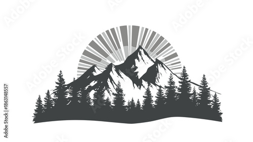 Vintage style mountain landscape with pine forest silhouette and rising sunburst graphic design element