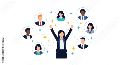 Empowered woman leader standing with arms raised connected to a diverse network of professional people in circular frames.