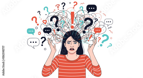 Stressed young woman surrounded by tangled lines and question marks representing confusion, anxiety, and overwhelming thoughts.