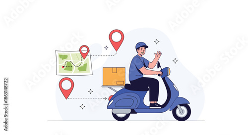 Friendly delivery man riding a blue motor scooter carrying a package with navigation maps and location pins in the background.