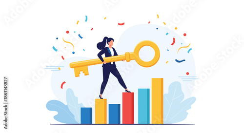 Successful woman carrying a giant golden key while walking up a rising bar graph under falling confetti for business achievement.