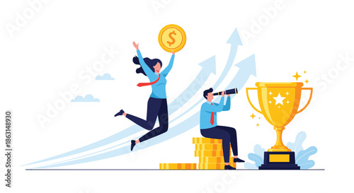 Ambitious professionals celebrating with a golden trophy, telescope, and coins over blue upward arrows representing future success.