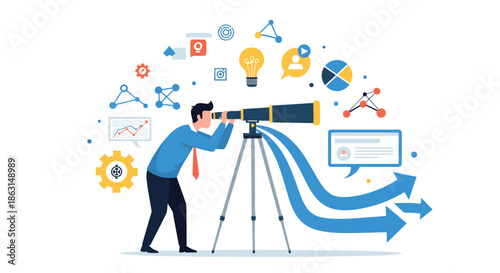 Professional man looking through a telescope at a variety of business icons and data charts for strategic market research and analysis.