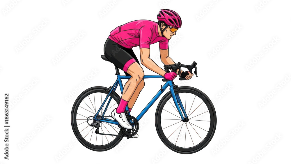 Fototapeta premium Cyclist in pink jersey riding a blue bike