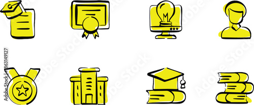 Yellow education icons set including graduation cap, certificate, light bulb, medal, books, and more on transparent background with learning
