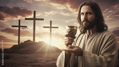 Jesus Christ drinking from sacred chalice with three crosses on hill during dramatic sunset, last supper and new testament symbol