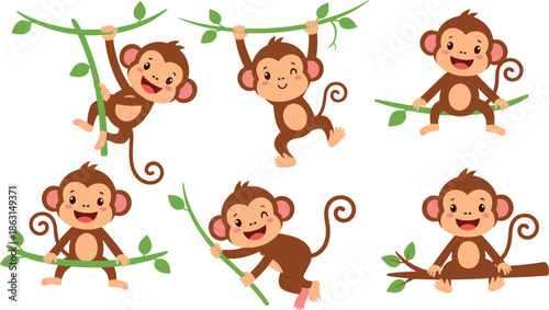 Cute cartoon monkey character activity illustration set, playful jungle animal poses, kids design, smiling, vector style