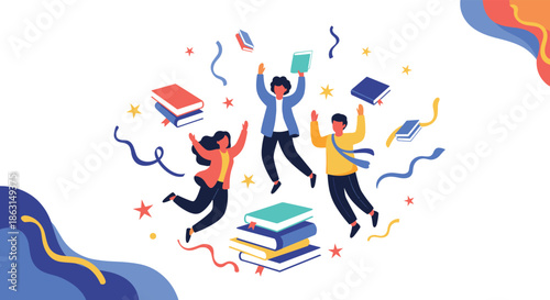Group of happy students jump and celebrate graduation or learning success with books and colorful confetti bits.