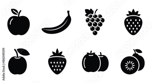 A collection of various black silhouette fruit icons displayed in a single row