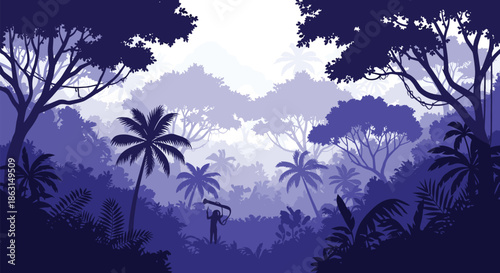 Silhouette of a photographer standing in a dense purple jungle landscape capturing wildlife and nature during adventure.