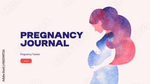 Watercolor beautiful pregnant woman silhouette. Pregnancy journal. Baby tracker. Mom's planner. Mother's day card. Vector illustration