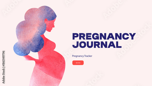 Watercolor beautiful pregnant woman silhouette. Pregnancy journal. Baby tracker. Mom's planner. Mother's day card. Vector illustration
